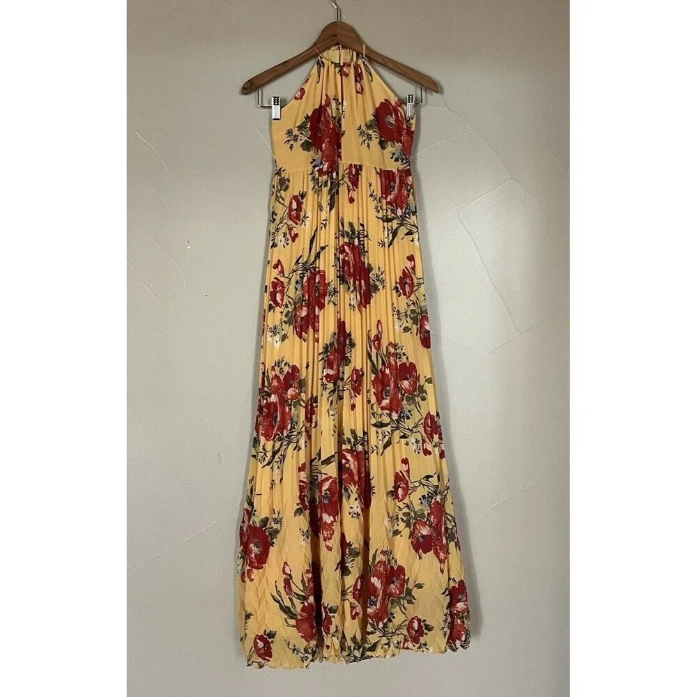 Abercrombie & Fitch Pleated Halter Maxi Dress, Yellow Floral, Empire Waist SZ XS